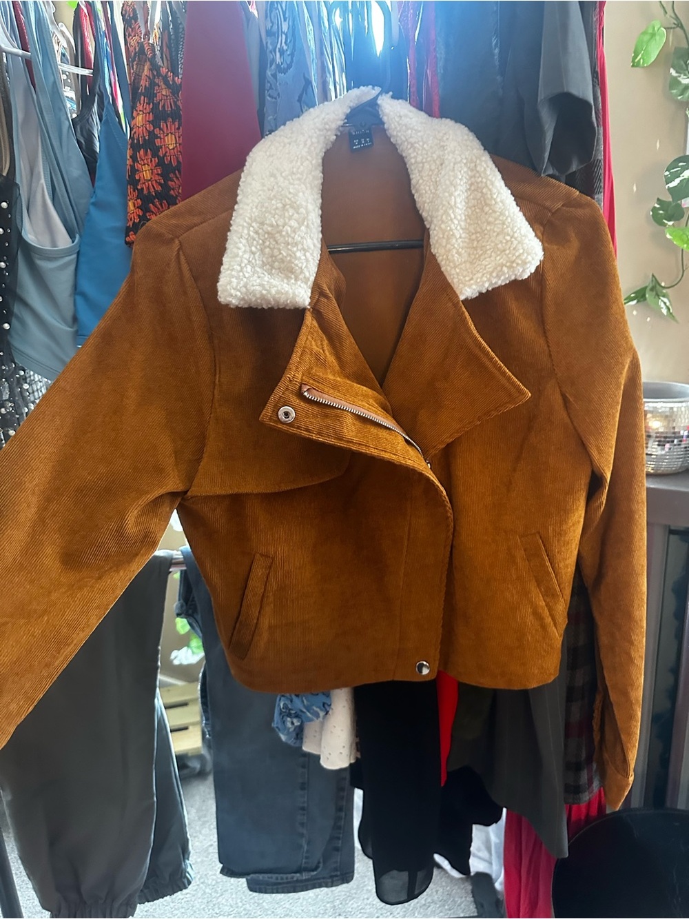 Mustard Brown Corduroy Teddy-Collar Moto Jacket